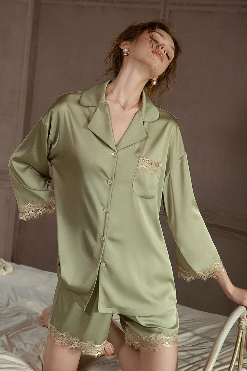 Green Lace-Trimmed 3/4 Sleeve Silk Set