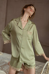 Green Lace-Trimmed 3/4 Sleeve Silk Set