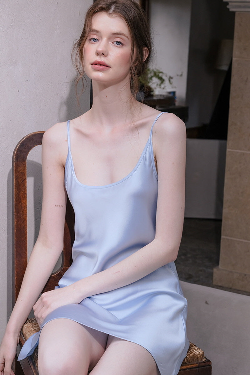 Blue Silk Spaghetti Strap Nightdress