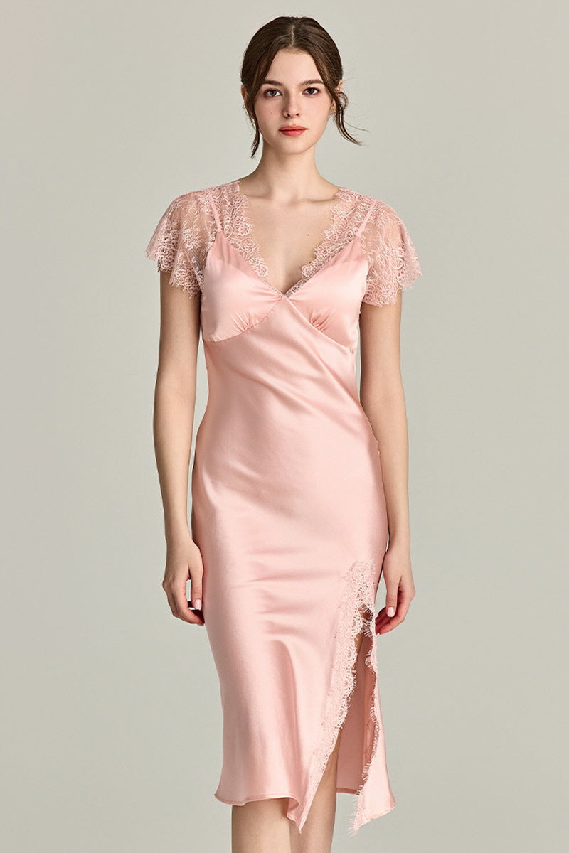 Lace-Sleeve Silk Slip Dress