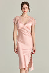 Lace-Sleeve Silk Slip Dress