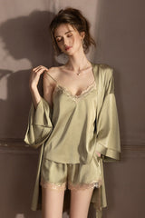 Olive Scalloped Lace Cami, Shorts & Robe 3-Piece Set