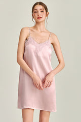 Pink V-Neck Lace Detail Silk Nightdress