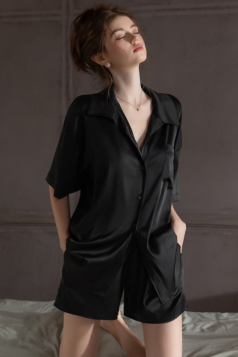 Black Oversized Silk Button Down Lounge Pajama Set
