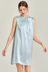 Blue Ruffle Neck Silk Sleeveless Dress