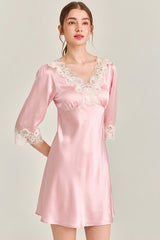 Pink Silk 3/4 Sleeve Lace Sleepwear
