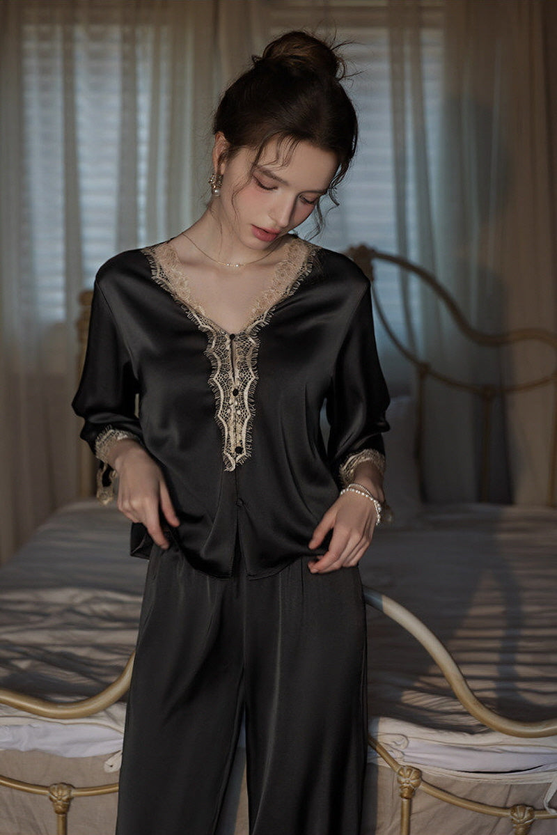 Black V-Neck Enchanted Lace Silk Set