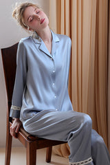 Blue Classic Button Down Silk Pajama Set