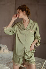 Green Lace-Trimmed 3/4 Sleeve Silk Set