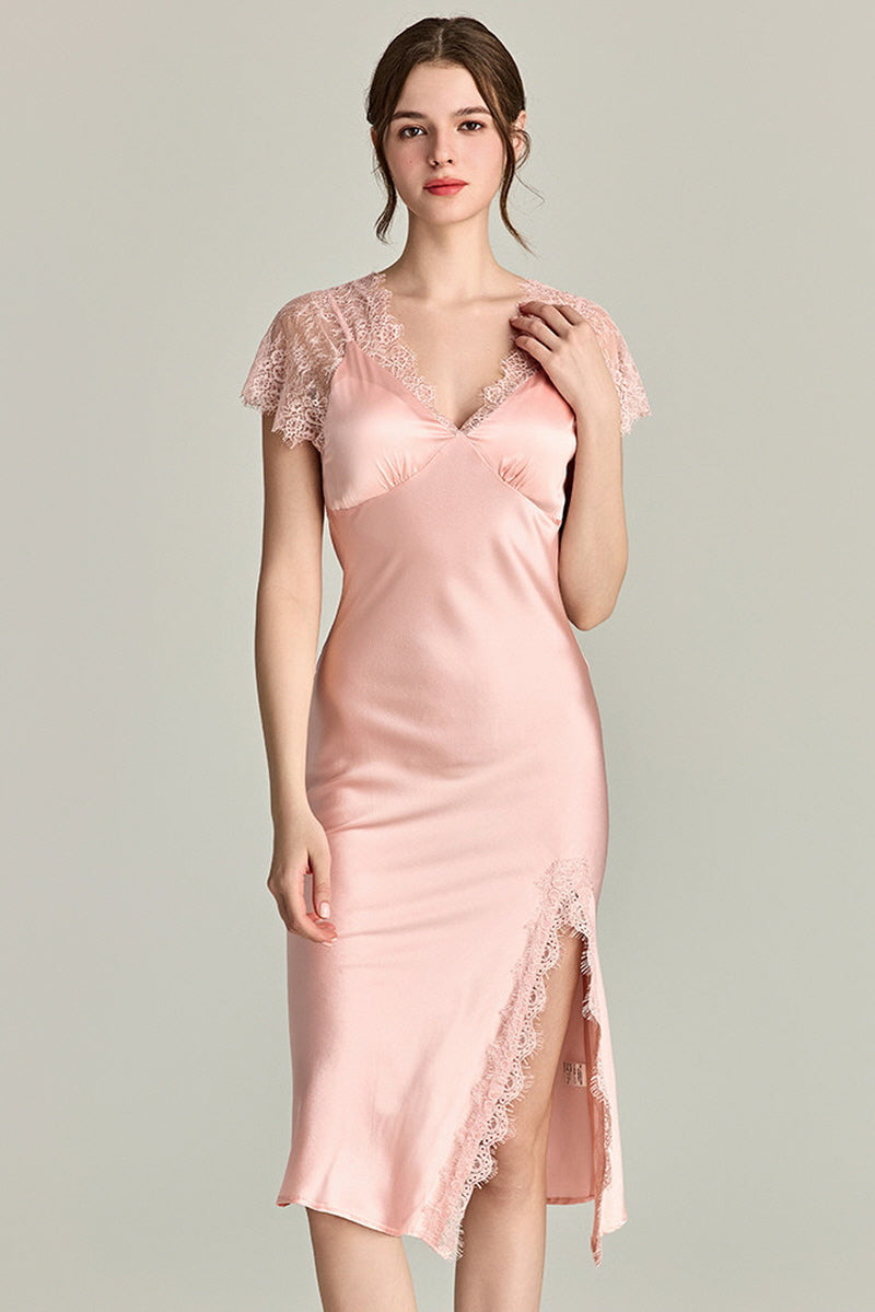 Lace-Sleeve Silk Slip Dress