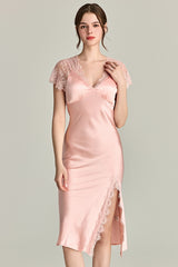 Lace-Sleeve Silk Slip Dress