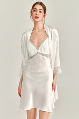 White Floral Lace-Trimmed Silk Slip & Robe Set