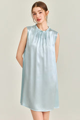 Blue Ruffle Neck Silk Sleeveless Dress