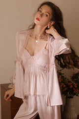 Pink Lace Trim Deep V Silk Pajama Set