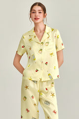 Lemon Yellow Picnic Printed Silk Pajama Set