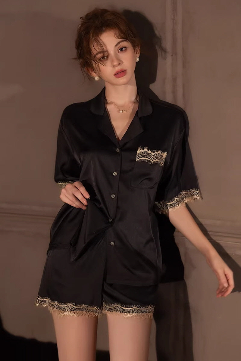 Black Vintage Shell Lace Silk Set
