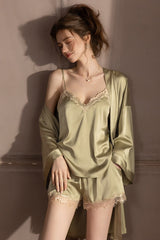Olive Scalloped Lace Cami, Shorts & Robe 3-Piece Set