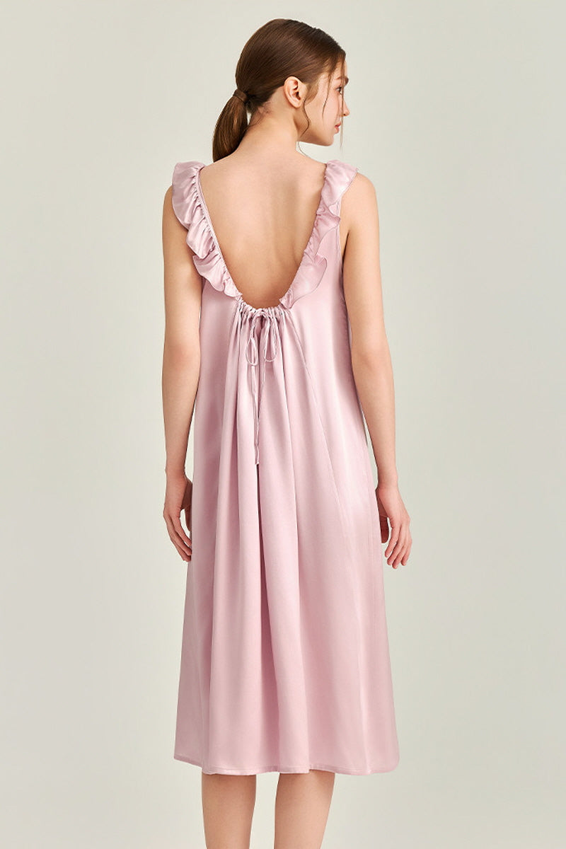 Pink Ruffle Backless Silk Slip Dress