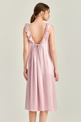 Pink Ruffle Backless Silk Slip Dress