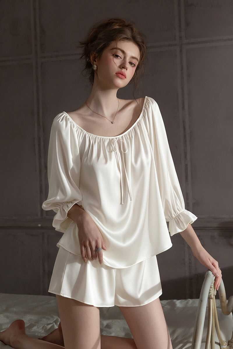 White Off Shoulder Satin Silk Pajama Shorts Set