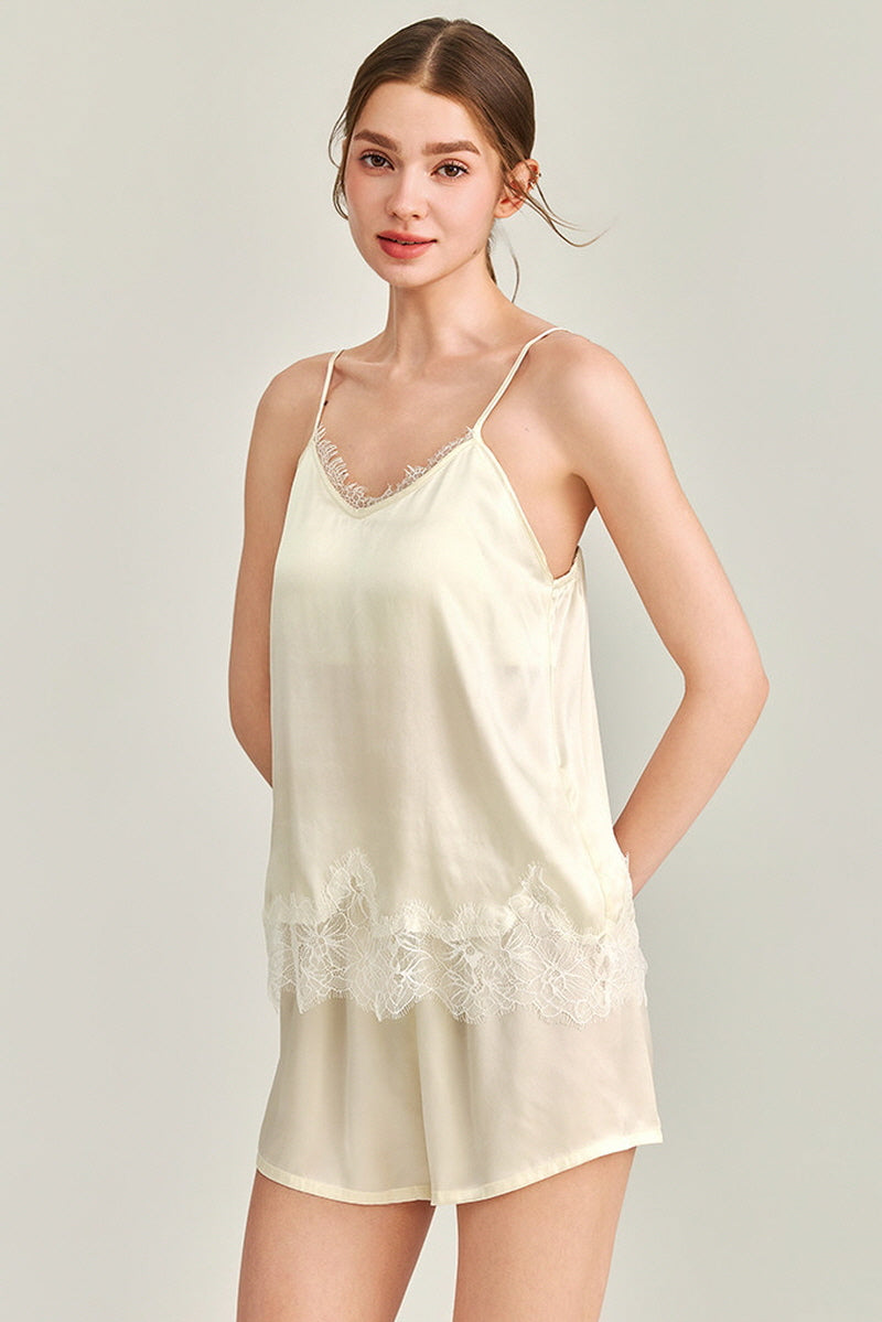 White Silk Lace Trim Cami Pajama Set