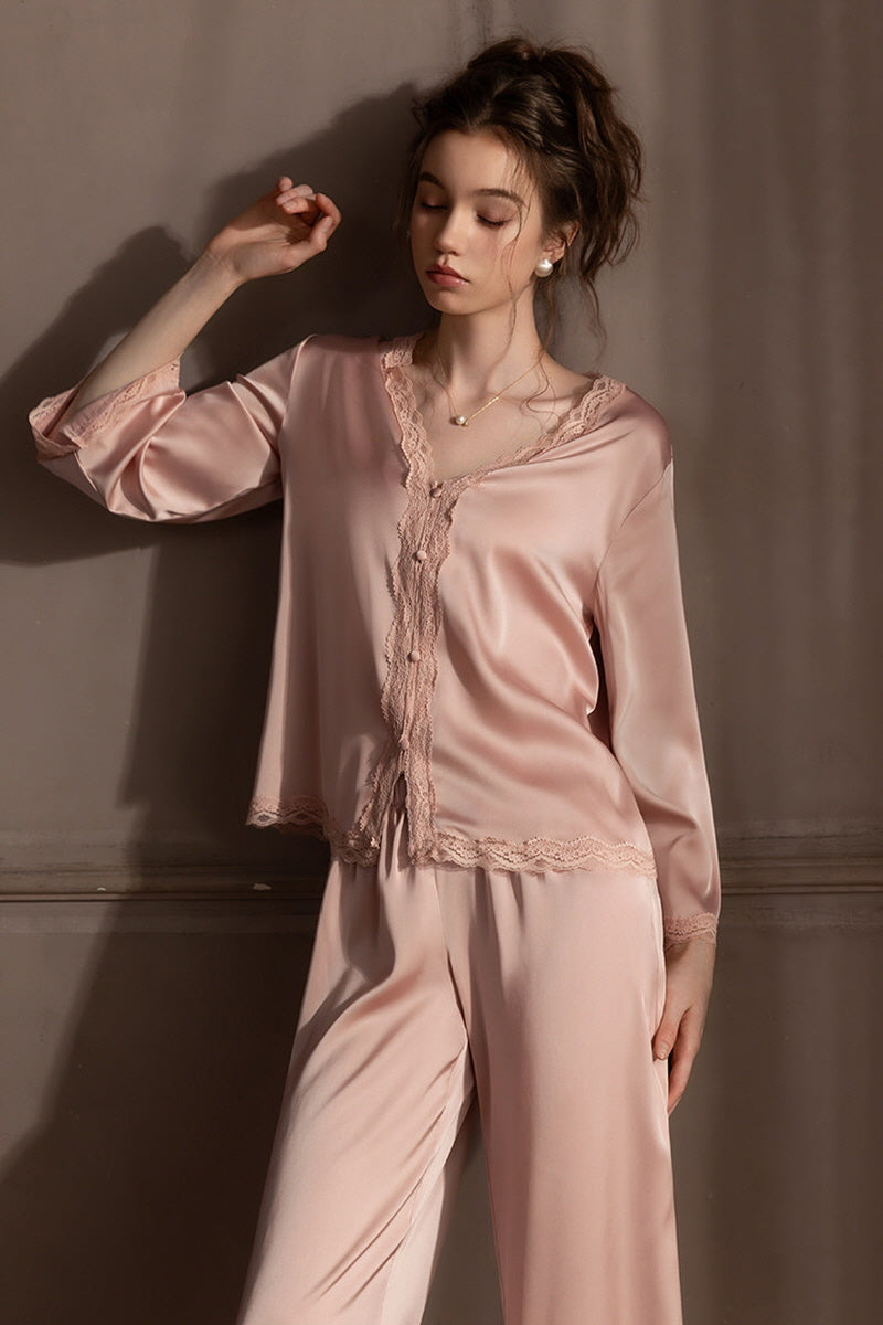 Pink Romantic Lace Silk Pajama Set