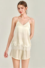 White Silk Lace Trim Cami Pajama Set