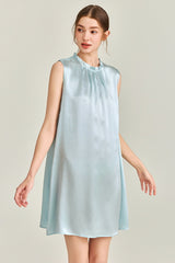 Blue Ruffle Neck Silk Sleeveless Dress