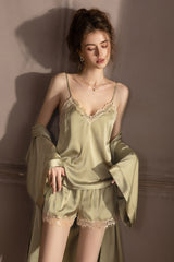 Olive Scalloped Lace Cami, Shorts & Robe 3-Piece Set
