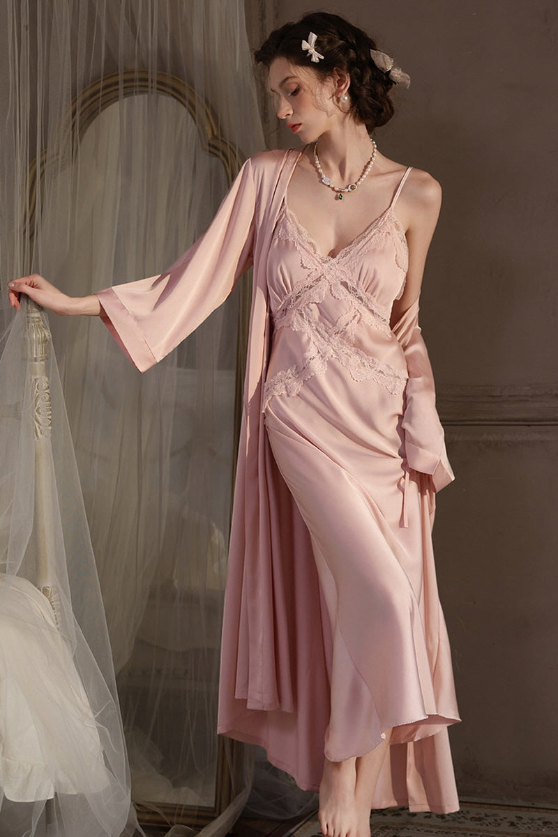 Pink Cross Lace Silk Slip & Robe Set