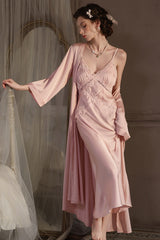 Pink Cross Lace Silk Slip & Robe Set