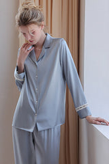Blue Classic Button Down Silk Pajama Set