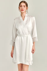 White Floral Lace-Trimmed Silk Slip & Robe Set