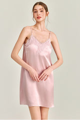 Pink V-Neck Lace Detail Silk Nightdress
