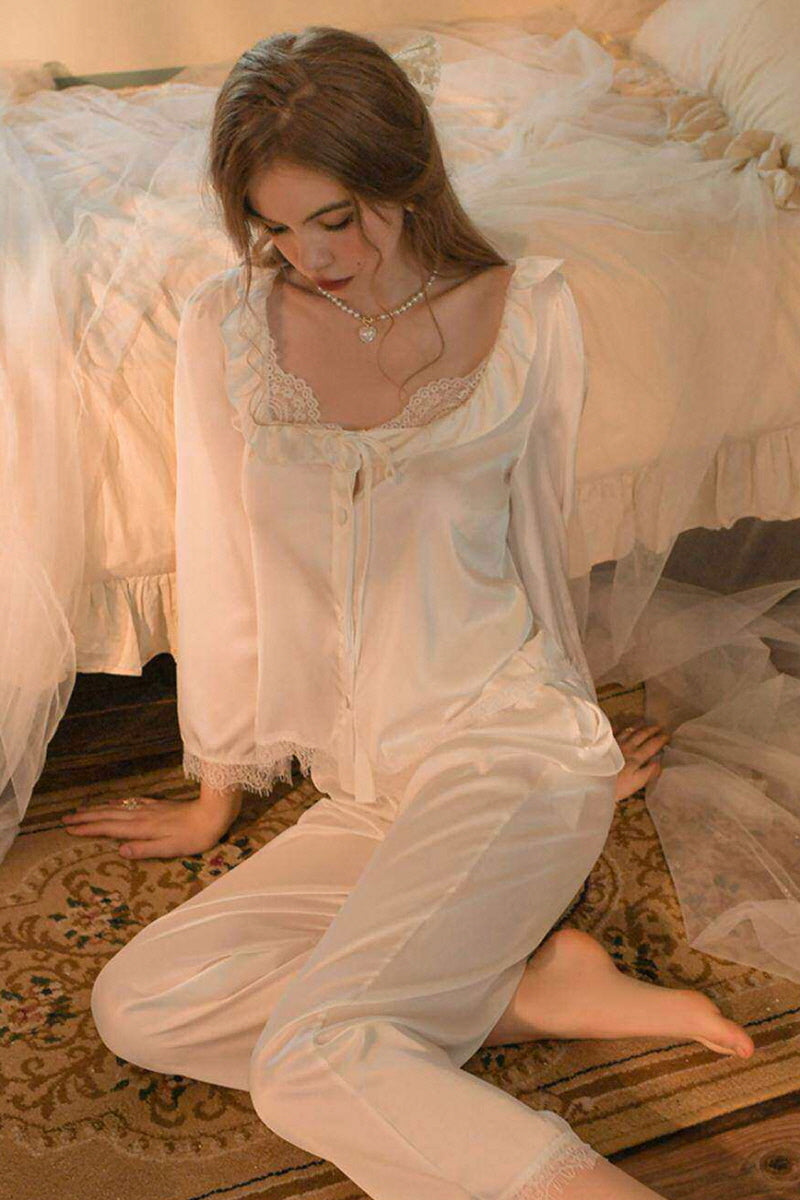 Soft Lace Ribbon Silk Pajama Set