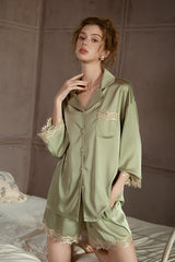 Green Lace-Trimmed 3/4 Sleeve Silk Set