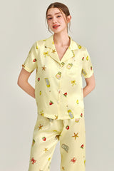 Lemon Yellow Picnic Printed Silk Pajama Set