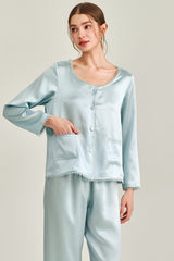 Blue Silk Lace Trim Button Pajama Set