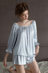 Blue Off Shoulder Satin Silk Pajama Shorts Set