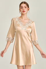 Gold Silk 3/4 Sleeve Lace Sleepwear