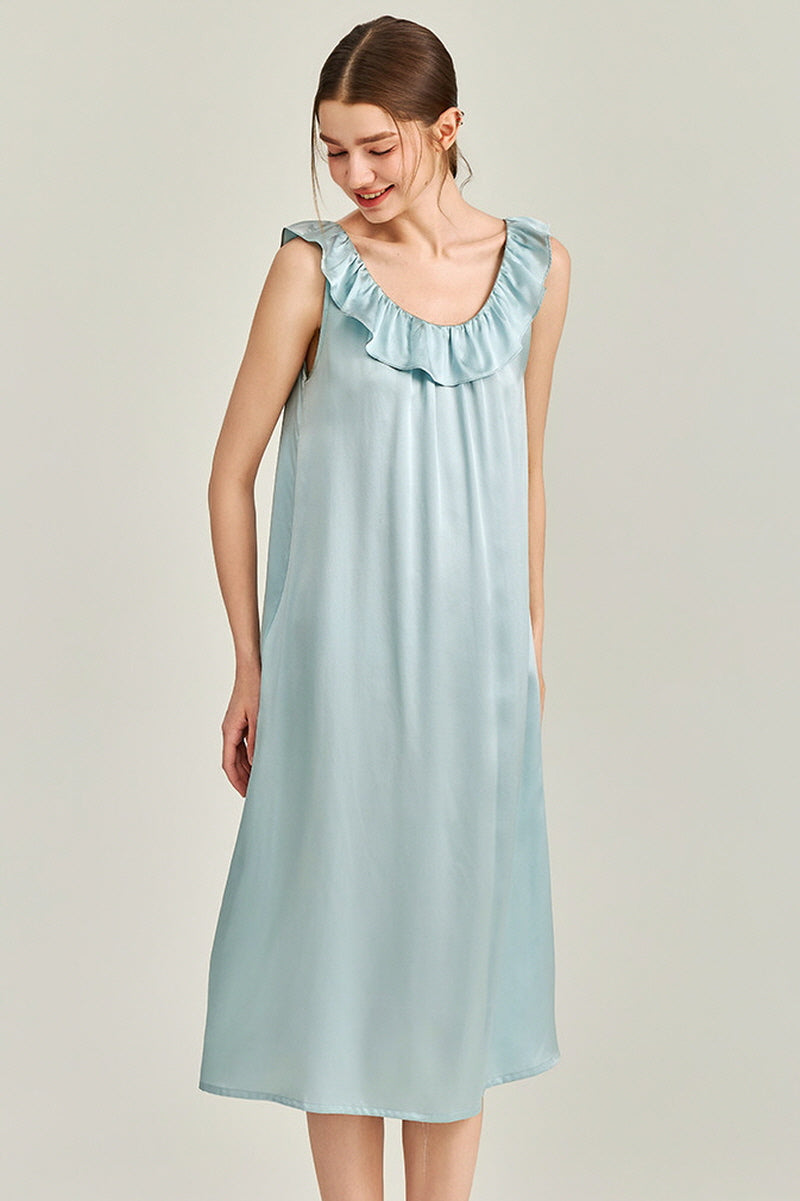 Blue Ruffle Backless Silk Slip Dress