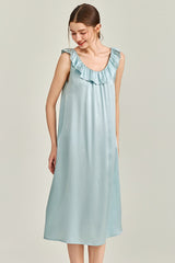 Blue Ruffle Backless Silk Slip Dress