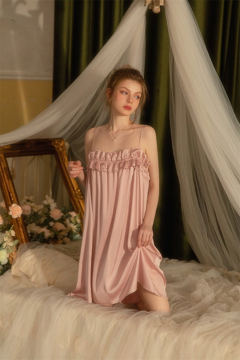 Pink Double Ruffle Silk Nightdress