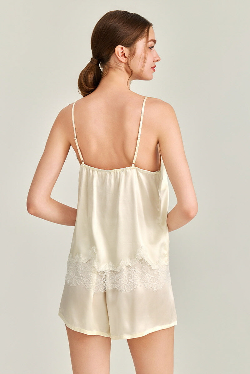White Silk Lace Trim Cami Pajama Set