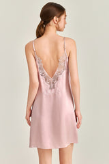 Pink V-Neck Lace Detail Silk Nightdress