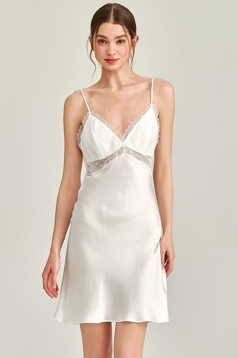White Floral Lace-Trimmed Silk Slip & Robe Set