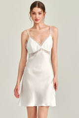 White Floral Lace-Trimmed Silk Slip & Robe Set