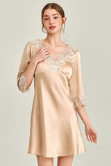Gold Silk 3/4 Sleeve Lace Sleepwear
