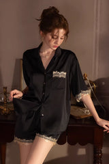 Black Vintage Shell Lace Silk Set