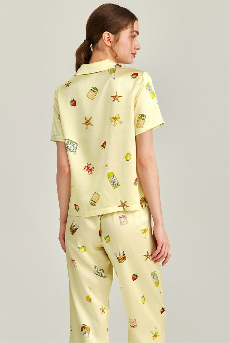 Lemon Yellow Picnic Printed Silk Pajama Set